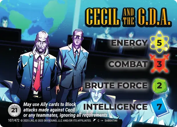 Cecil and the G.D.A. OverPower Skybound character card, art by Sabbatini