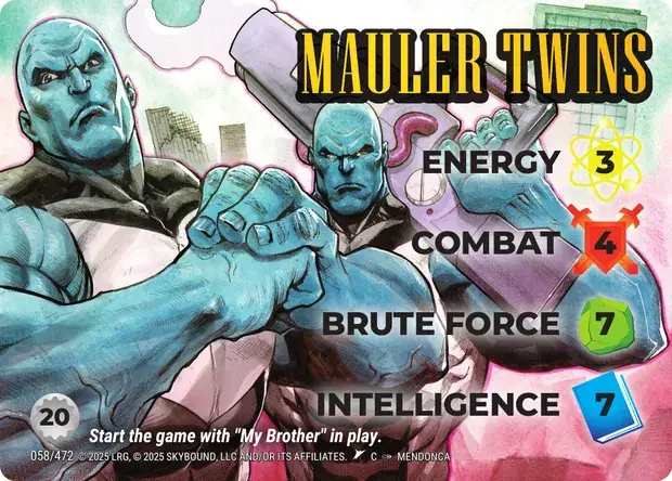 Mauler Twins OverPower Skybound character card, art by Mendonca