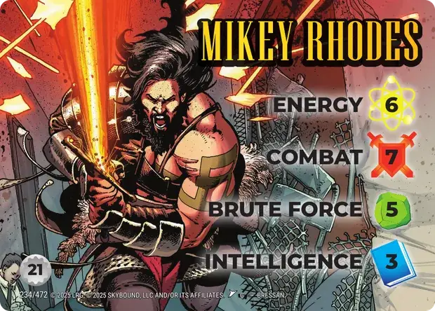 Mikey Rhodes OverPower Skybound character card, art by Bressan